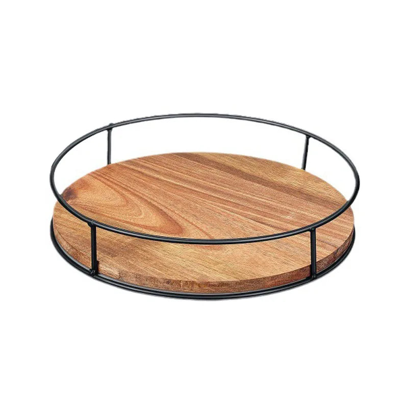 Wooden Rotating Tray, 360° Rotating Iron Ring Tray, Desktop Storage Magic Tool, Can Hold Tea, Seasonings, Stationery
