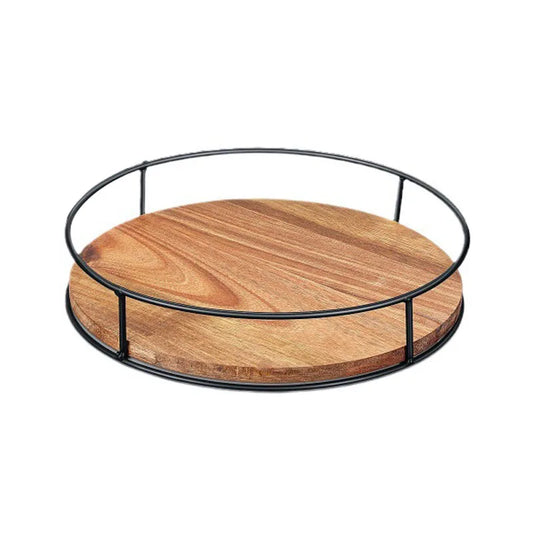 Wooden Rotating Tray, 360° Rotating Iron Ring Tray, Desktop Storage Magic Tool, Can Hold Tea, Seasonings, Stationery