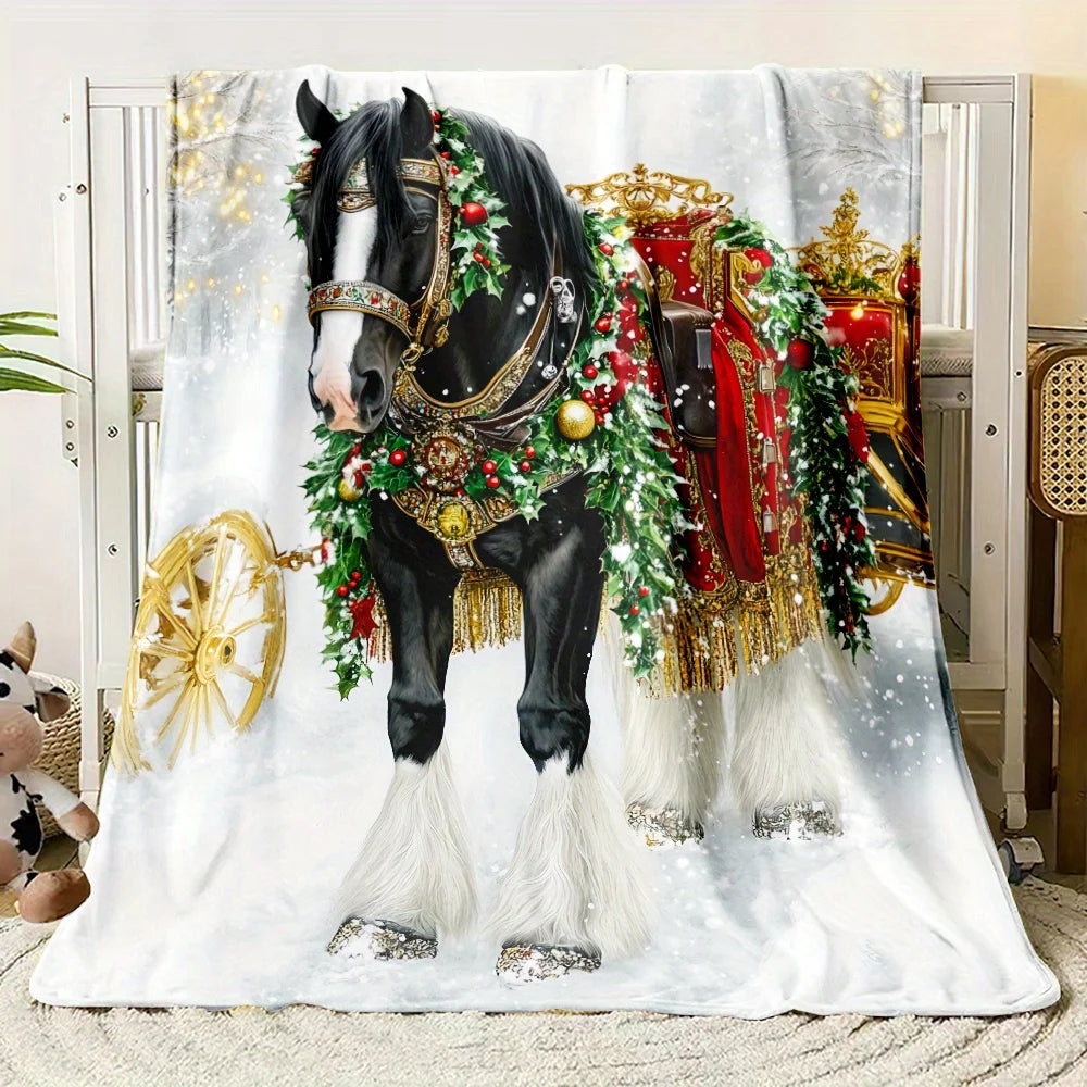Soft and Warm Festive Christmas Horse Print Fleece Blanket - 1pc, Lightweight Flannel Throw for Home, Travel, Camping