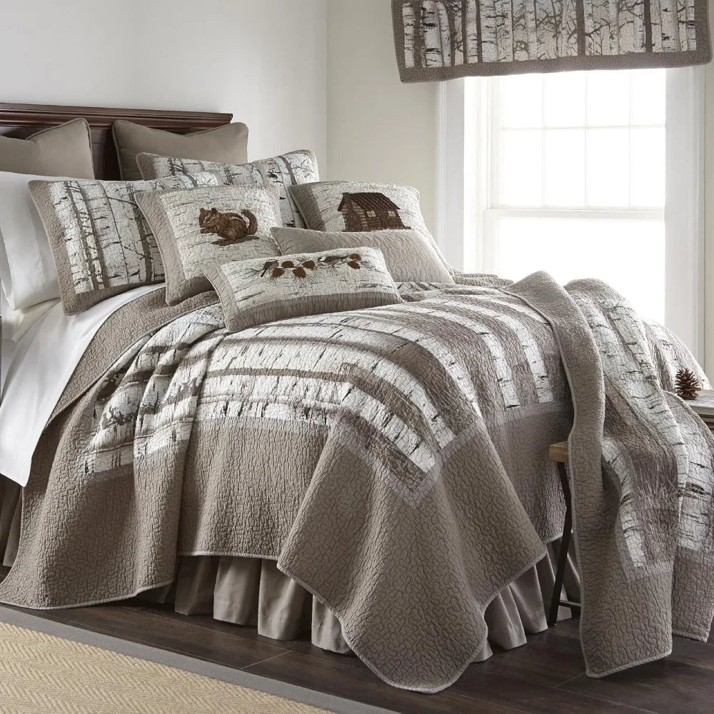 King Bedding Set - 3 Piece - Birch Forest Cotton Lodge Quilt Set with King Quilt and Two Standard Pillow Shams - Machine Washab