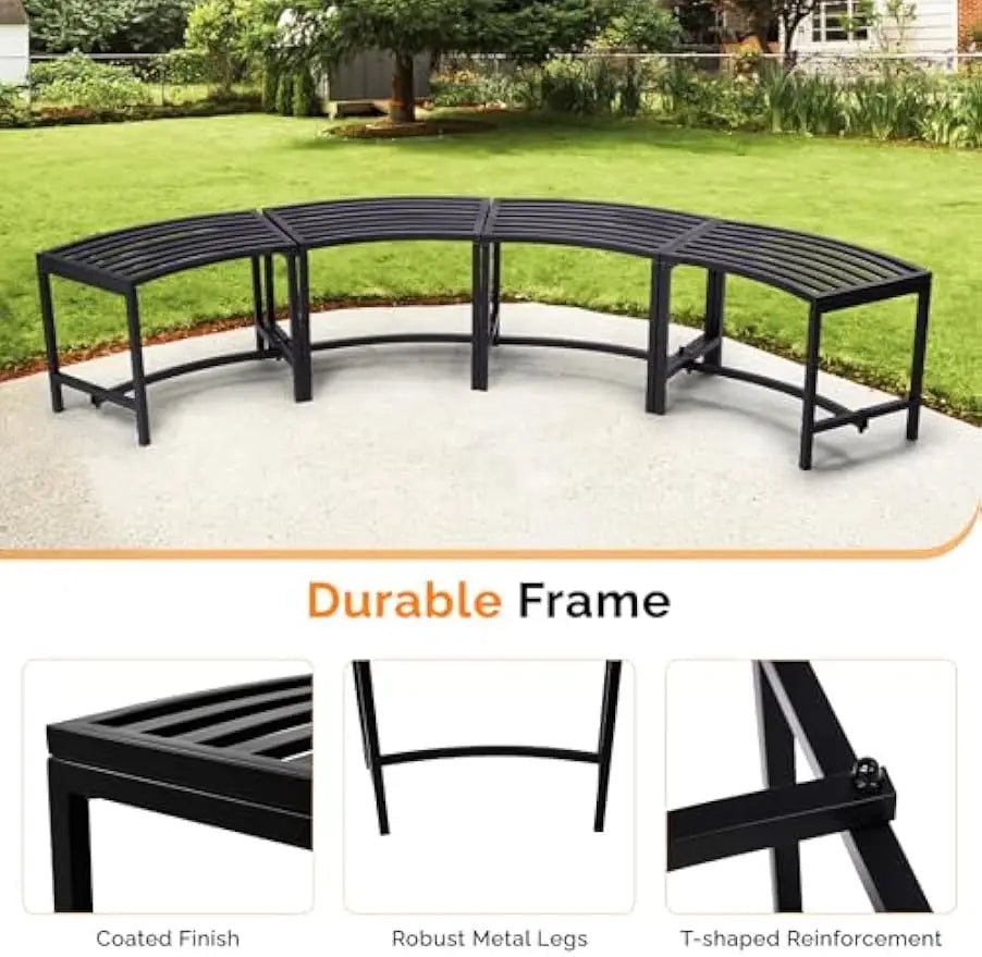 Outdoor Metal Curved Bench, Weatherproof Fire Pit Bench Set of 4, Heavy Duty Steel Backless Benches, Metal Outside Seating