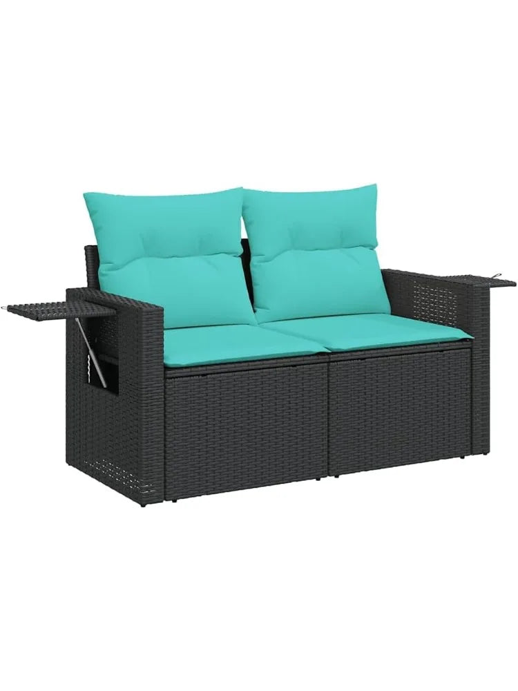Sofa Set with Cushions Black Poly Rattan Patio Couch Outdoor Furniture for Deck Backyard