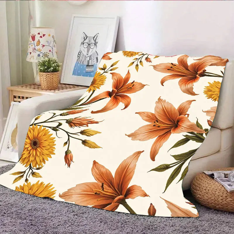1pc Flannel Blanket Autumn Floral Print Throw Blanket for Cozy Home Decor