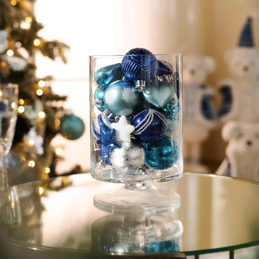 28Pcs Christmas Heart Shaped Ornaments Gift Pack in Navy Blue Silver Craft Painted Tree Heart Decorations for Indoor Holiday Pa