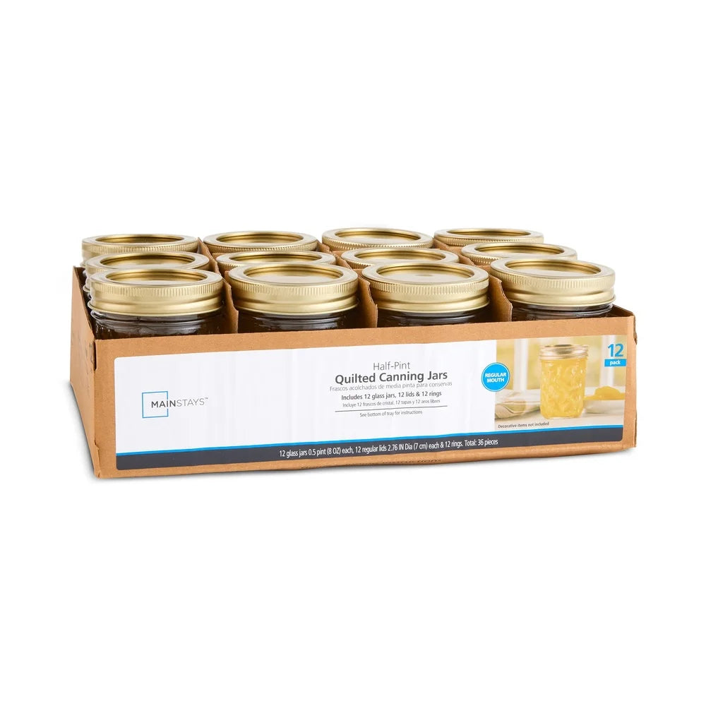 8oz Clear Quilted Glass Canning Jars Set 12 Count Airtight Seal Regular Mouth Dishwasher Safe Jams Pickles Sauces Preserving