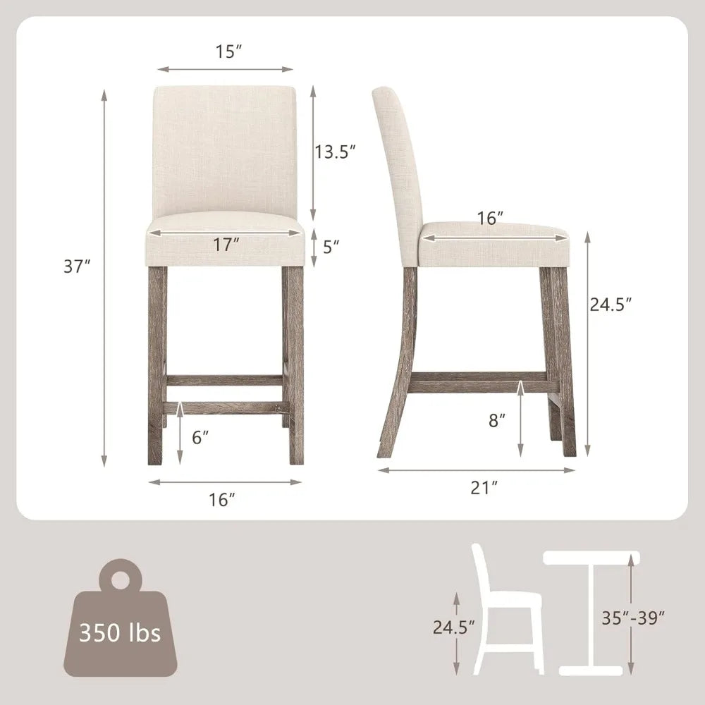 Bar Stools Counter Height Set of 2, 24.5" Modern Fabric Bar Chairs with Back, Footrest & Solid Wood Legs, Upholstered