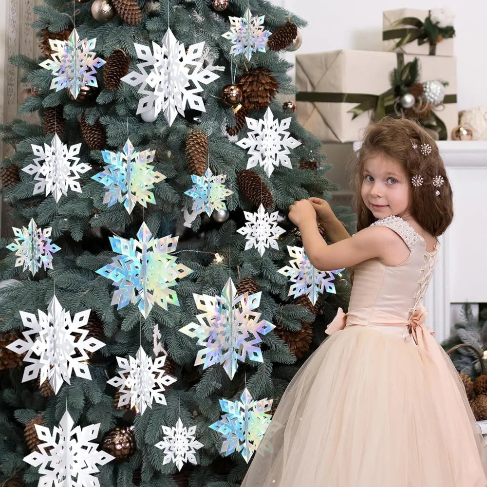 Christmas Snowflake Decorations Indoor, 24PCS 3D Paper Snowflakes Hanging Ornaments White Snowflake Garlands for Xmas Christmas