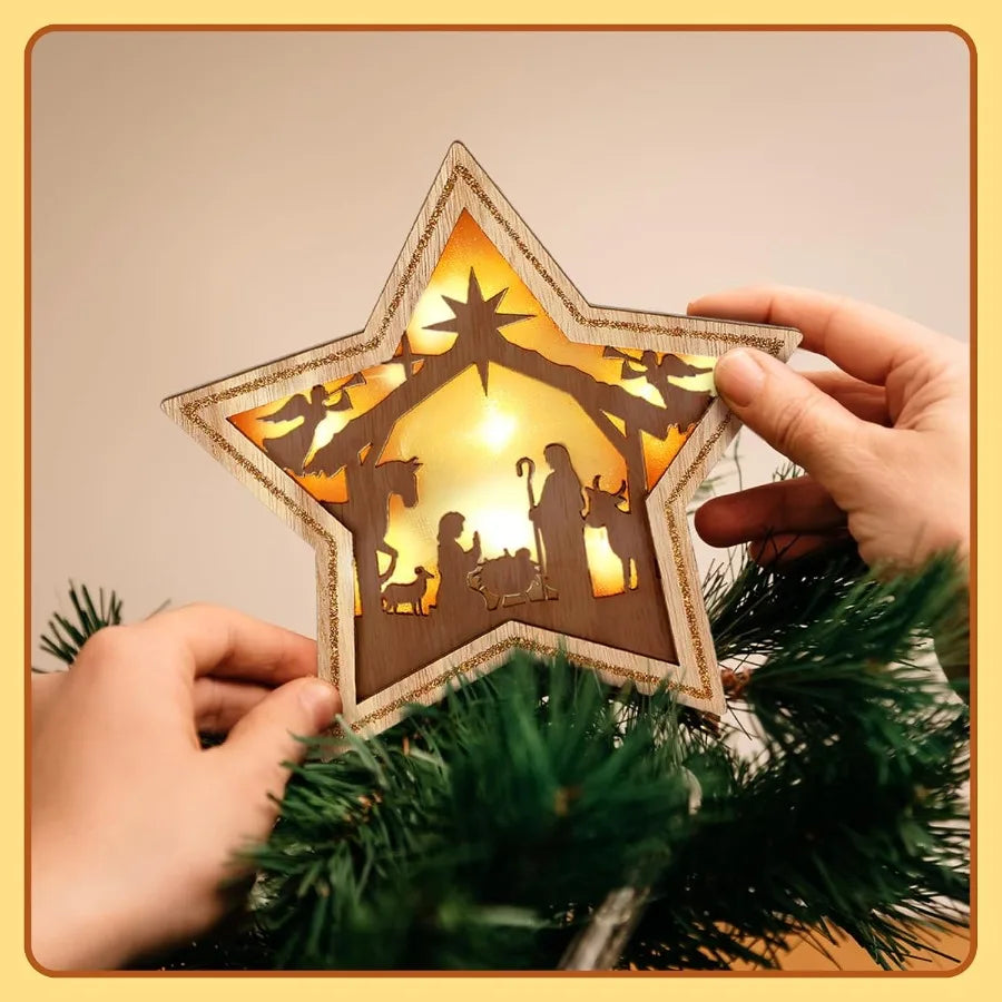9.2 x 7.8 Inch Nativity Christmas Tree Topper Star with LED Light for Religious Christian Party Decoration Ideal for Tabletop D