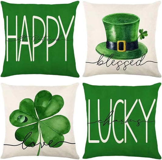 St Patricks Day Decor-Throw Pillow Covers 18x18 in Set of 4,Shamrock Linen Pillow Case with Green Hat Irish Couch  Home Indoor