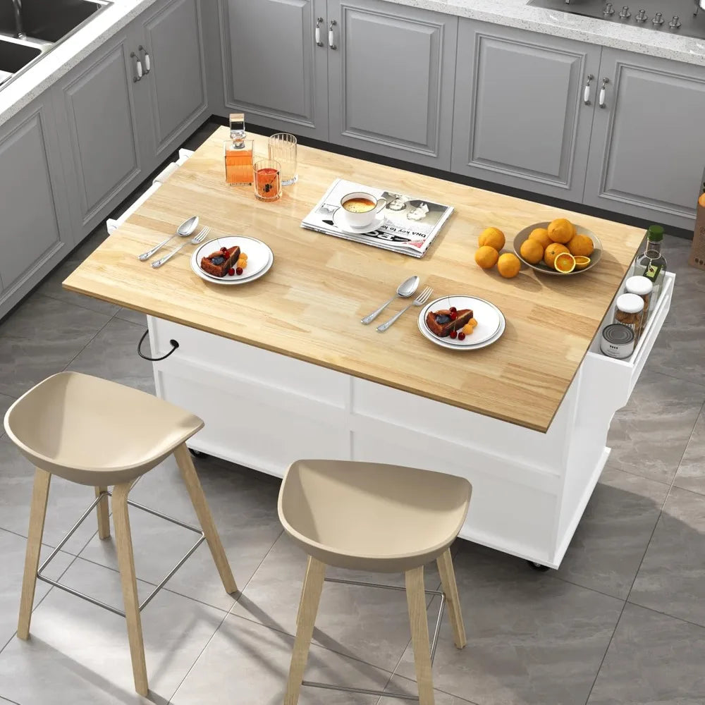 59" Kitchen Cart with Wood Top and Drop Leaf Breakfast Bar, Rolling Mobile Kitchen Island Table on Wheels with Drawer and Storag