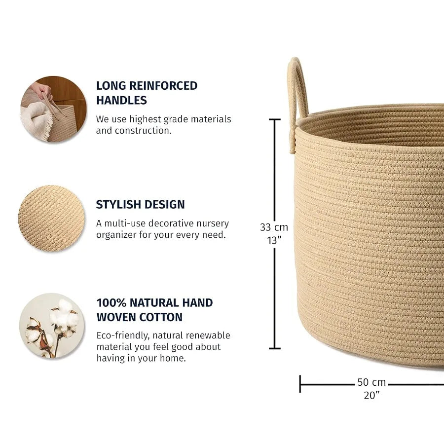 Large Laundry Basket Woven Cotton Rope Basket for Blankets Toy Storage Nursery Hamper Living Room Decor Organizer Soft Durable