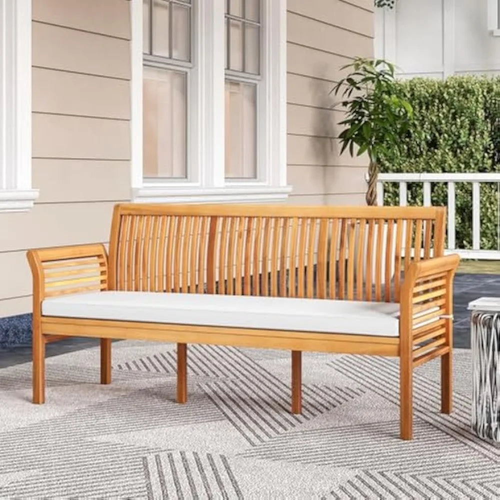 62.5’’ Outdoor Bench Acacia Wood - 3-Person Patio Bench w/Backrest, Armrests & Removable Seat Cushion, Slatted Wooden Garden Be
