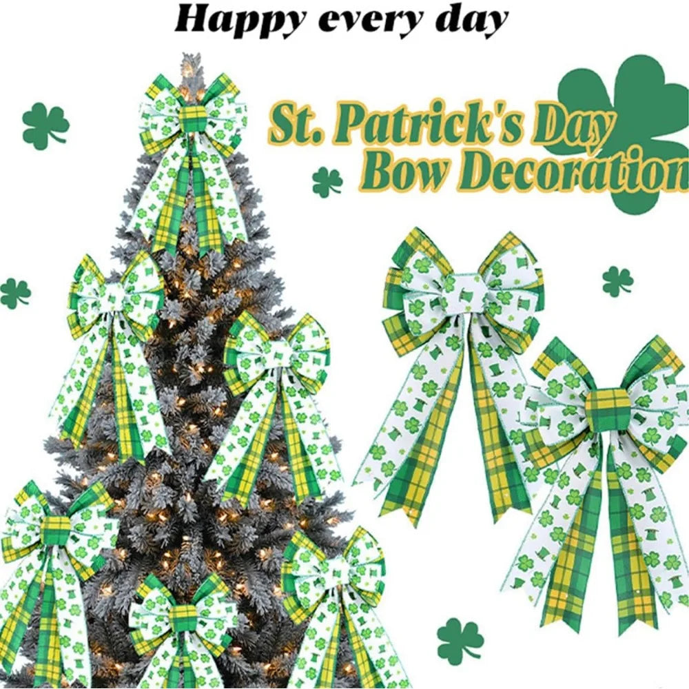 2 Pack St. Patricks Day Shamrock Bows for Door Frame Fireplace Tree Decorations - YEFIUO Clover Bows & Ribbons Decorative 8.66"*