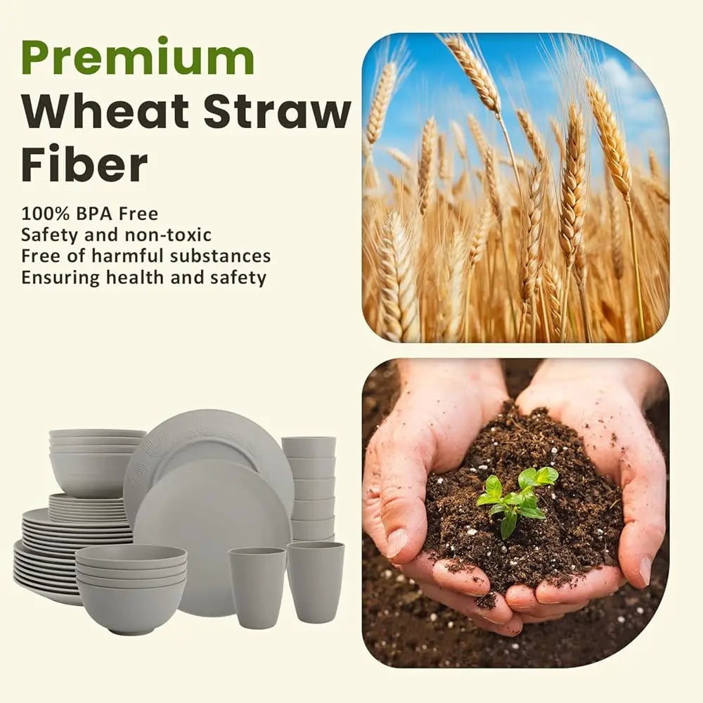 40-Piece Wheat Straw Dinnerware Sets, Non Breakable Dinnerware, Cups, Plates And Bowls Sets For 8 - Microwave Dishwasher