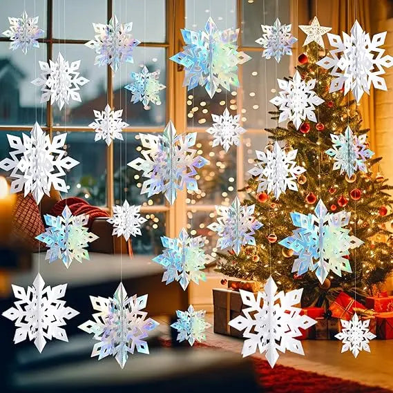 Christmas Snowflake Decorations Indoor, 24PCS 3D Paper Snowflakes Hanging Ornaments White Snowflake Garlands for Xmas Christmas
