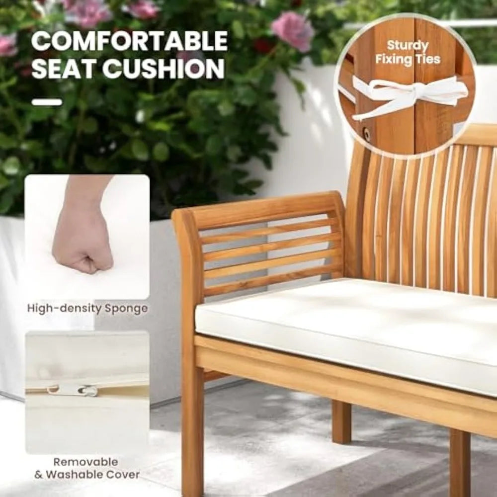 62.5’’ Outdoor Bench Acacia Wood - 3-Person Patio Bench w/Backrest, Armrests & Removable Seat Cushion, Slatted Wooden Garden Be