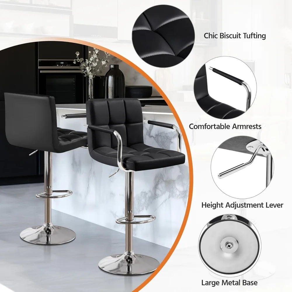 Bar Stools Set of 2, PU Leather Adjustable Swivel Barstools, Hydraulic Kitchen Counter Height Bar Chairs w/Armrest and Back