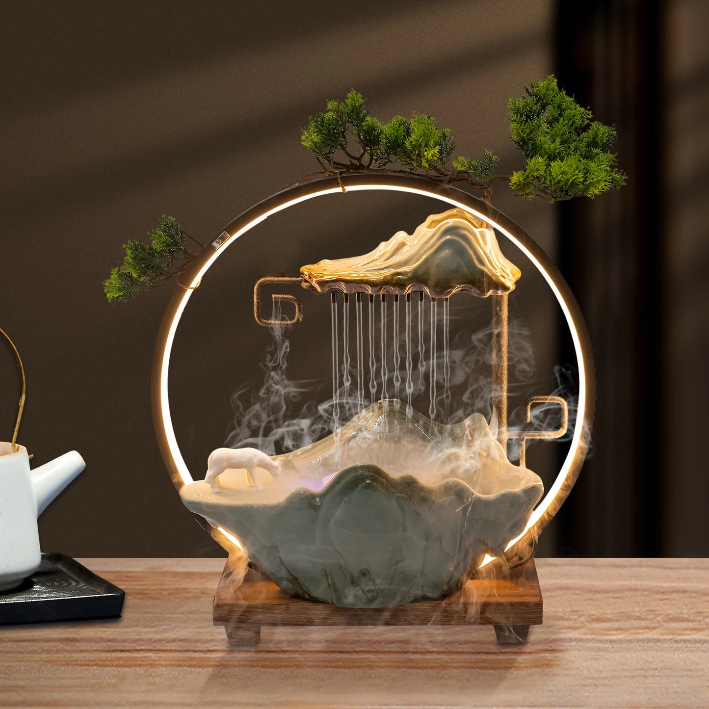 Multi-functional Tabletop Fountain with LED Light, Ceramic, Wooden Base, Pressure Relieving, Perfect for Meditation & Relaxation