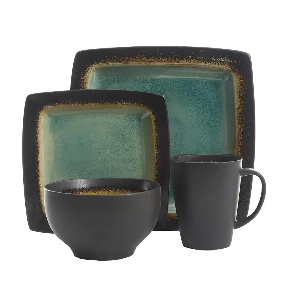 Ocean Paradise Square Reactive Glaze Stoneware Dinnerware Set, Service For 4 (16Pcs), Jade