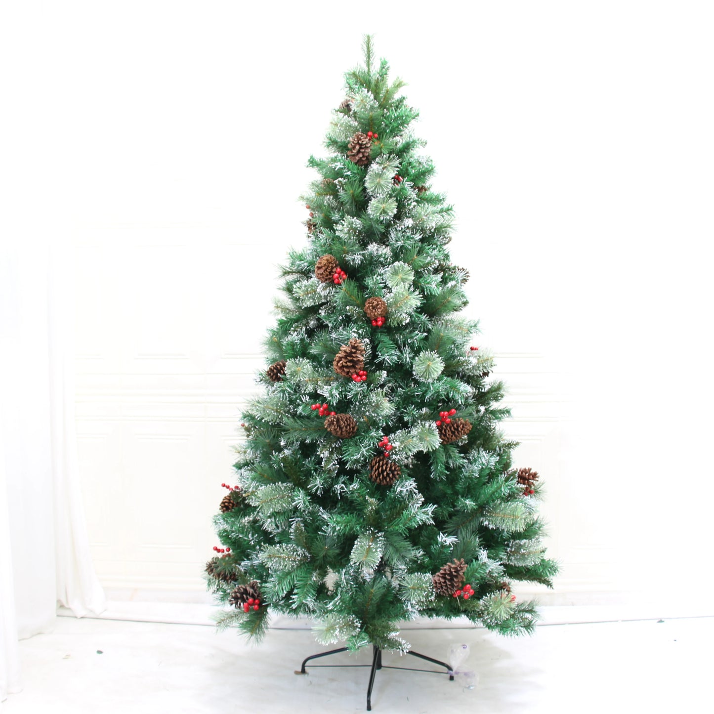 Christmas Tree 180cm/210cm Mixed Pine Needle PVC with Pine Cones & Red Berries, Full Shape, Iron Stand