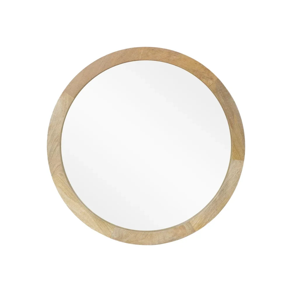 Modern Round Mirror Mango Wood Frame No Assembly Handcrafted Wall Decor Home Accent Reflective Surface Durable Design