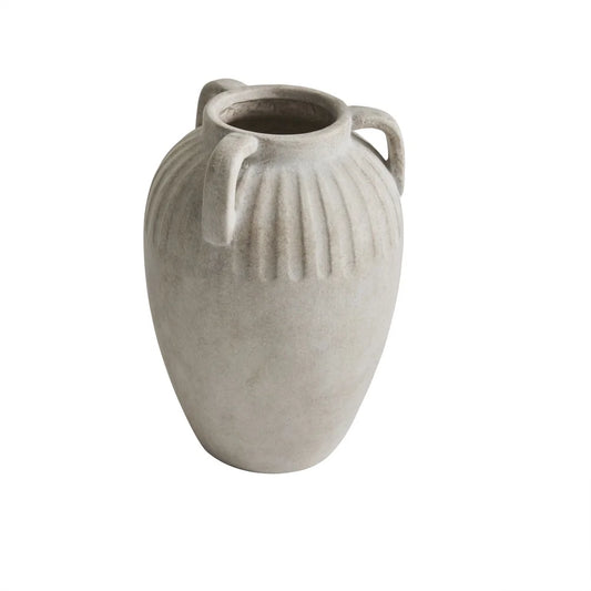 Three Handled Ceramic Vase Decorative Accent Display Indoor Use Textured Details Floral Arrangement Holder Easy Care Lightweight