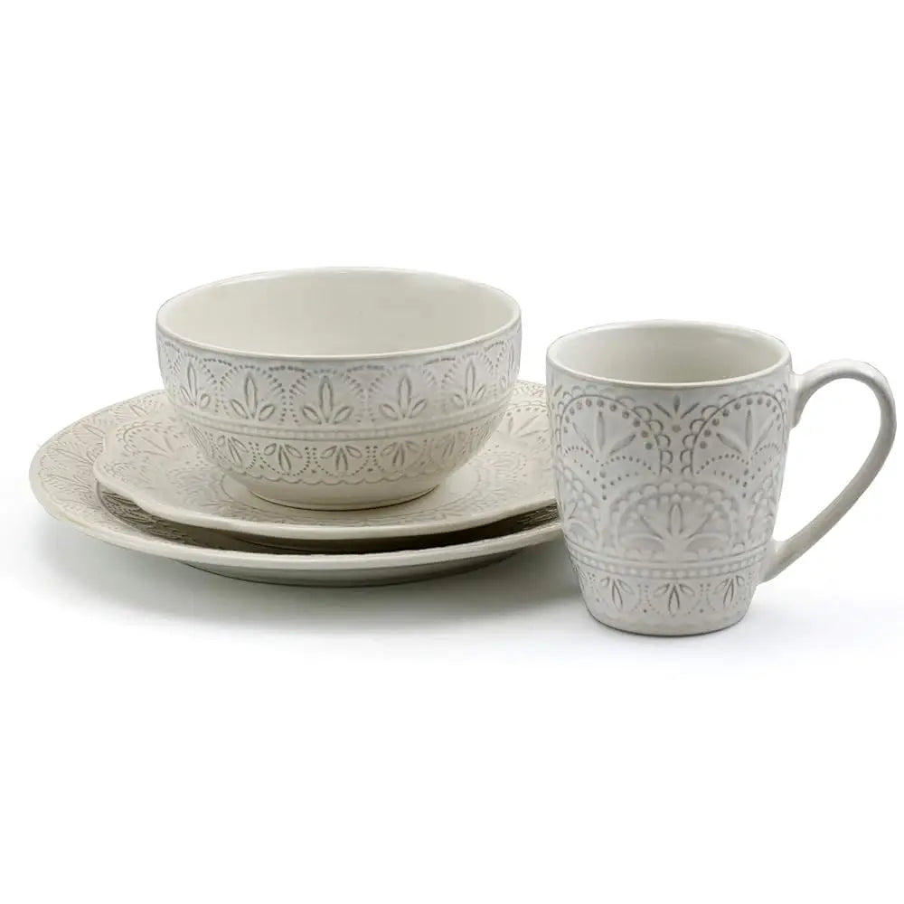 Elegant Round Emed Stoneware High Class Dinnerware Dish Set, 16 Piece, White