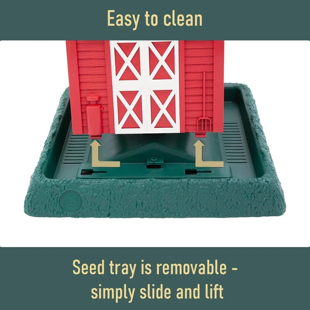 Red Barn Hopper Bird Feeder 5lb Capacity Squirrel Proof Durable Plastic Removable Tray Hanging or Pole Mounted Cardinals