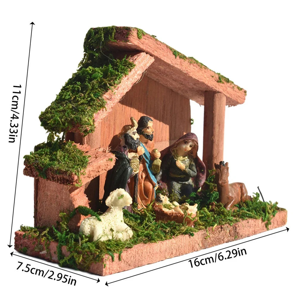 Christmas Nativity Figurine With Wooden Stable Advent Nativity Scene Mary Jesus Angel Wise Men Stable Animal Statues Home Decors