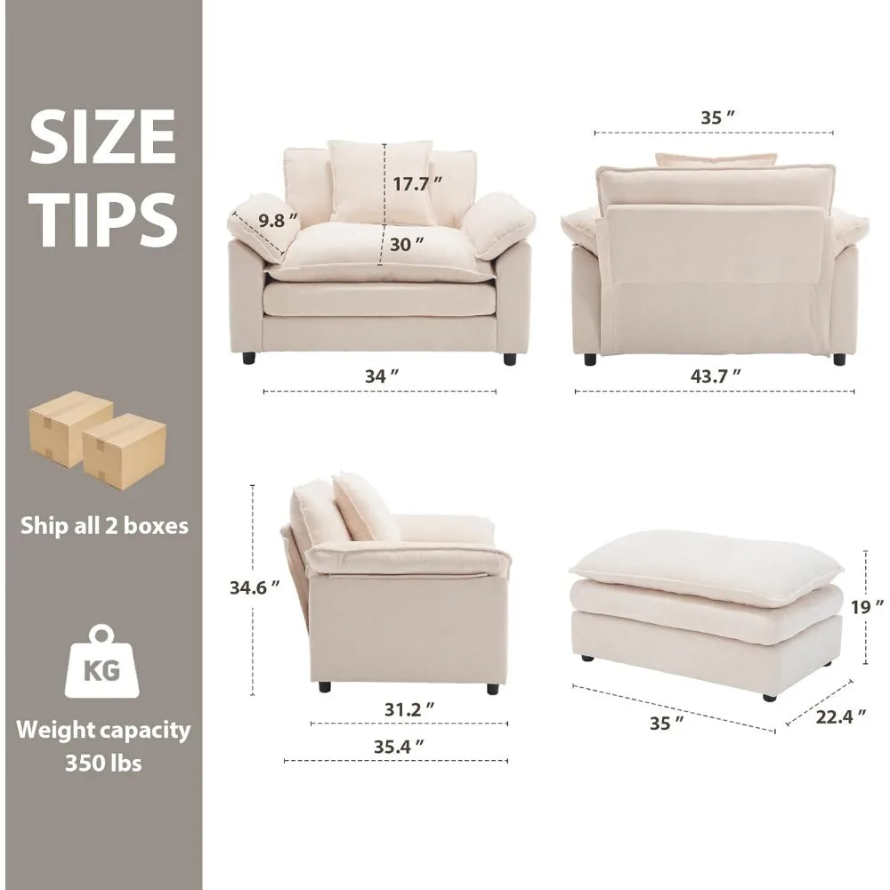 Modern Oversized Chair Set of 2, Comfy Chenille Accent Chair Large Upholstered Armchair with Extra Thick and Deep Seat Lounge