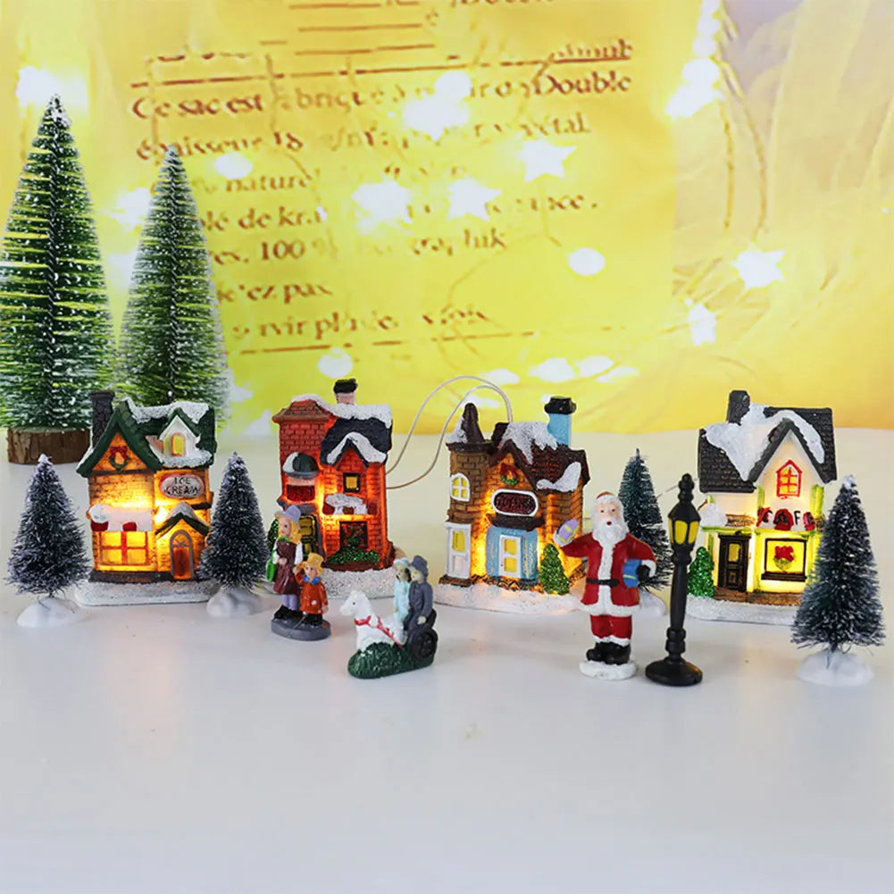 12 Pcs Mini Resin Christmas Town Set Battery Operated Lighted LED DIY Christmas Doll Figurines Christmas Trees Christmas Village