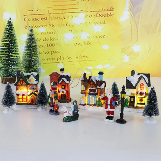 12 Pcs Mini Resin Christmas Town Set Battery Operated Lighted LED DIY Christmas Doll Figurines Christmas Trees Christmas Village