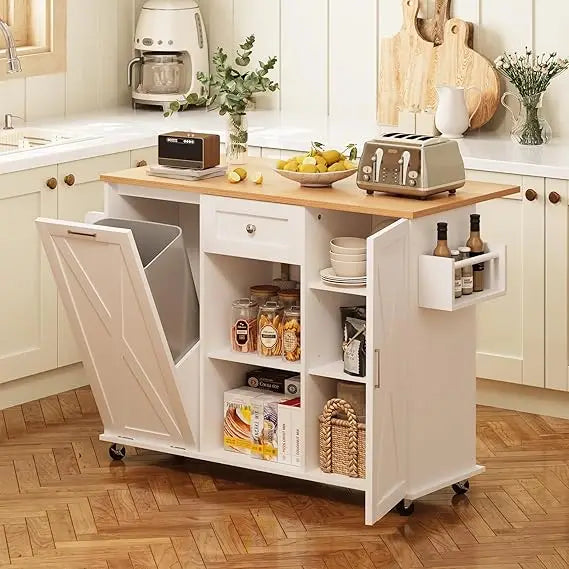 Rolling Kitchen Island with Trash Can Storage, 48” Kitchen Island Cart with Drop Leaf Countertop, Island Table with Drawer & She
