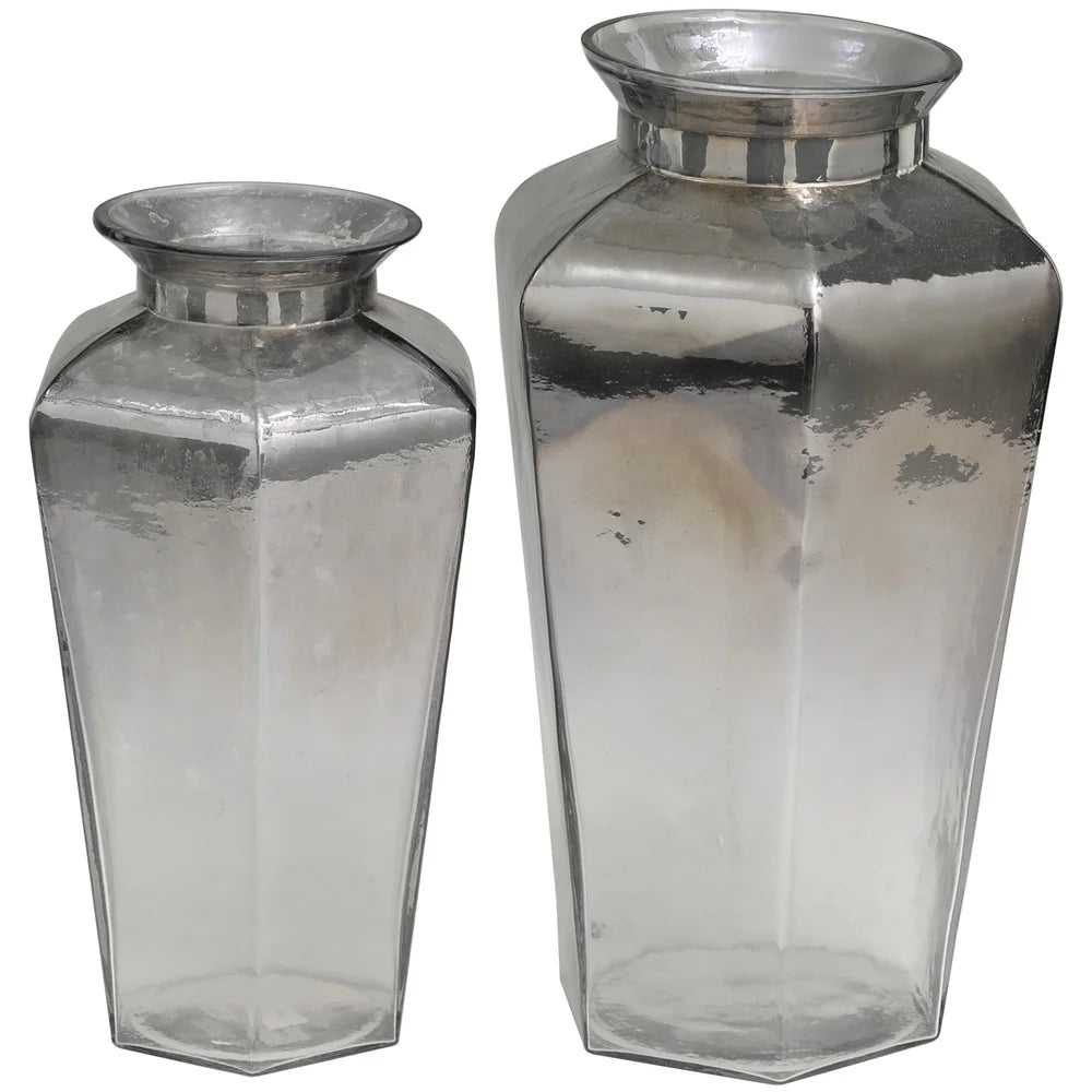 Geometric Hexagon Gray Glass Vases Set of 2 Elegant Home Decor Flower Arrangement Contemporary Accent Pieces