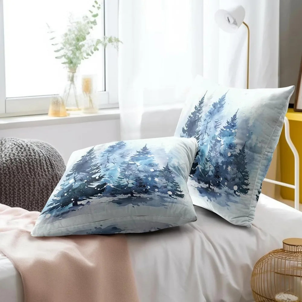 Christmas Throw Pillow Covers 18x18 Set of 2, Rustic Winter Blue Trees Snows Pine Forest Farmhouse Decorative Pillow Cases Cotto