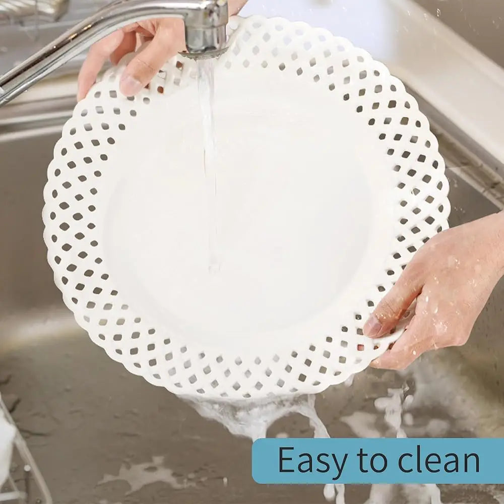 Large White Dinner Plates 12 H, Ceramic Dinner Plates Set Of 4, Basketweave Wide Rim Stackable Hotel Value Round Coupe Shape