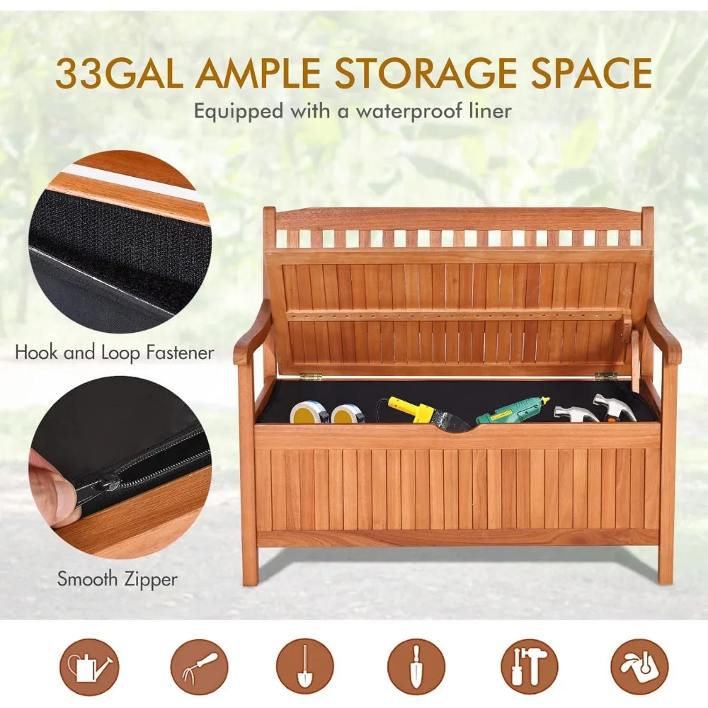 Safstar Outdoor Patio Bench with Storage Box, 33 Gallon Capacity, Wooden Frame, Eucalyptus Material, Natural Color, 42 x 23 x 35