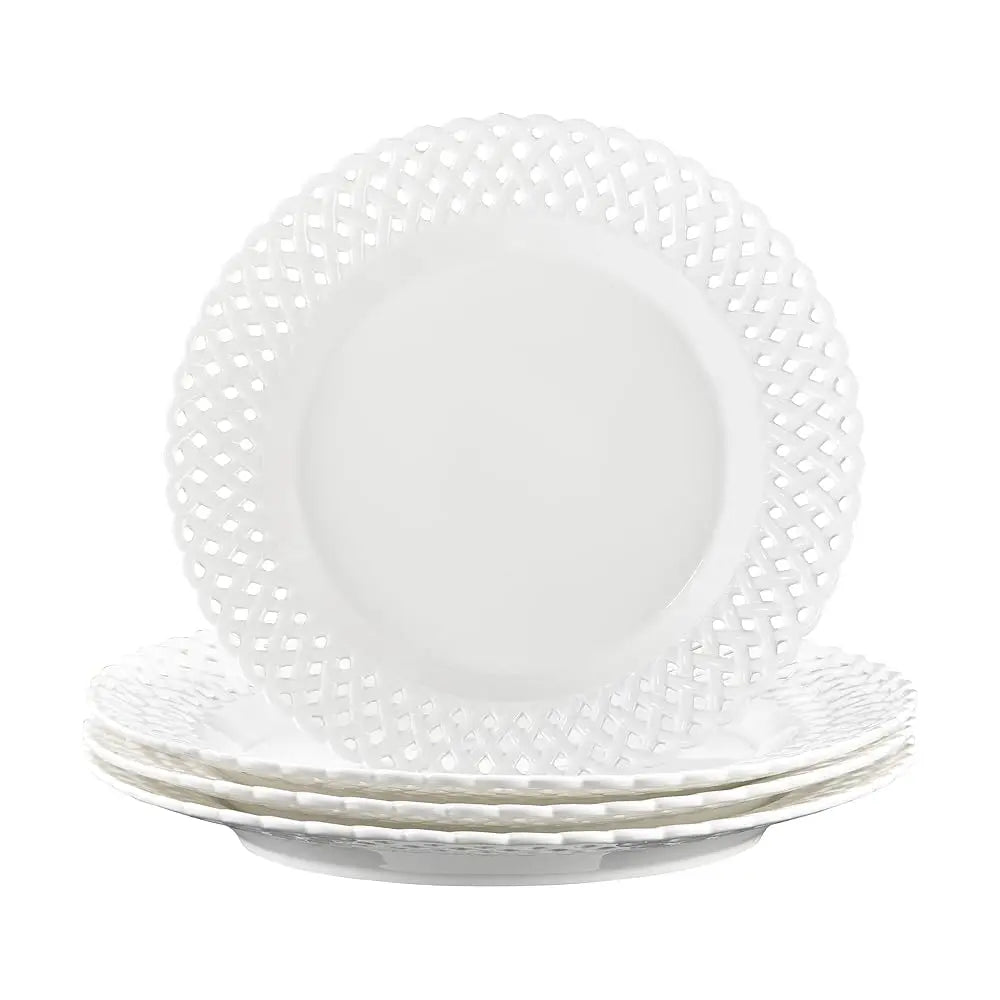 Large White Dinner Plates 12 H, Ceramic Dinner Plates Set Of 4, Basketweave Wide Rim Stackable Hotel Value Round Coupe Shape