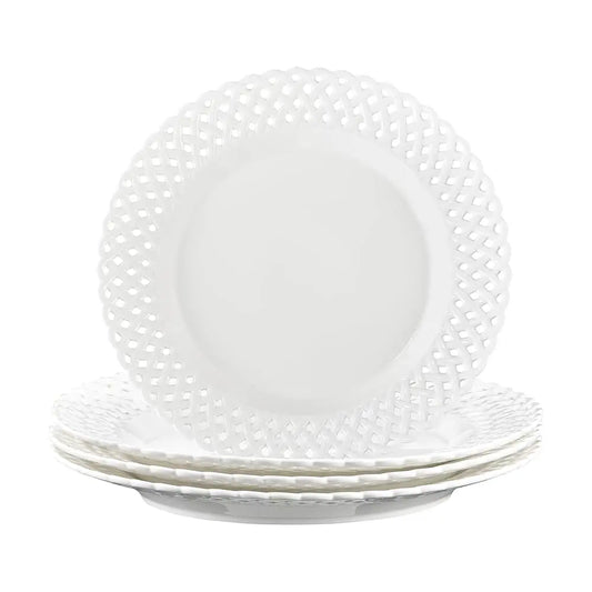 Large White Dinner Plates 12 H, Ceramic Dinner Plates Set Of 4, Basketweave Wide Rim Stackable Hotel Value Round Coupe Shape