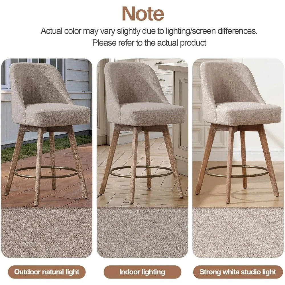 Counter Height Bar Stools Set of 2, Modern Mid-Century Swivel Barstools with Backs and Wood Legs, Linen Fabric Upholstered