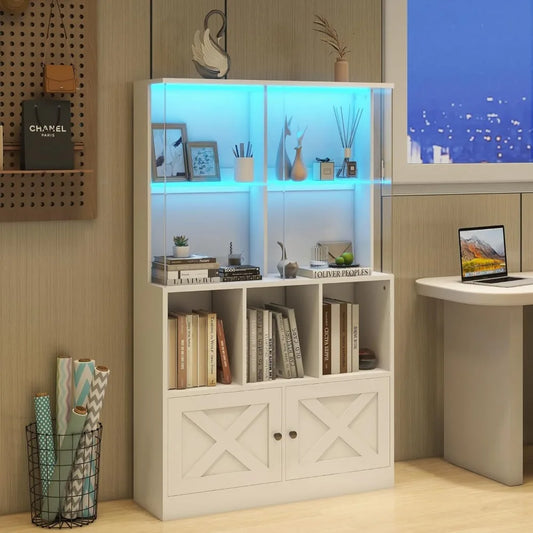 LED Display Cabinet with Glass Shelves, Adjustable Color Temperature and Brightness, Floor Lamp with Shelves, Home Decor