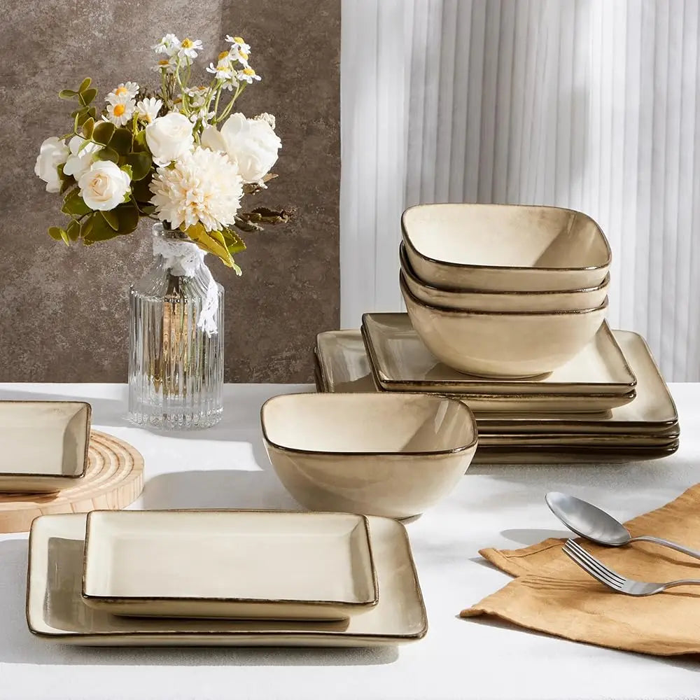 Square Plates And Bowls Sets, 12-Piece Stoneware Dinnerware Sets For 4, Reactive Glaze Dish Set, Chip And Scratch Resistant,