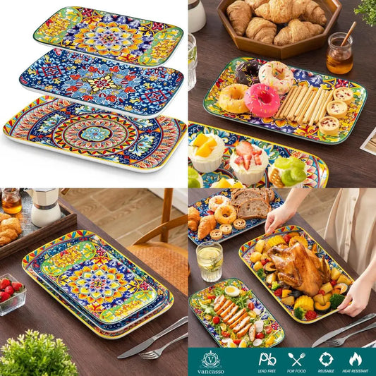 Rectangular Serving Platters Set, 3-Piece, Sizes 16", 14", 12" - Large Bohemian Ceramic Dishes