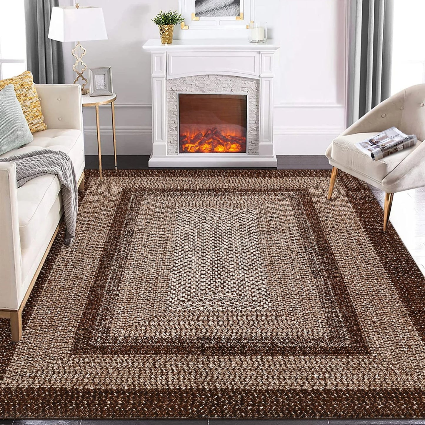 Washable Area Rugs Large Rugs for Living Room Modern Braided Print Non Slip Rug Indoor Floor Cover Accent Carpet for Bedroom