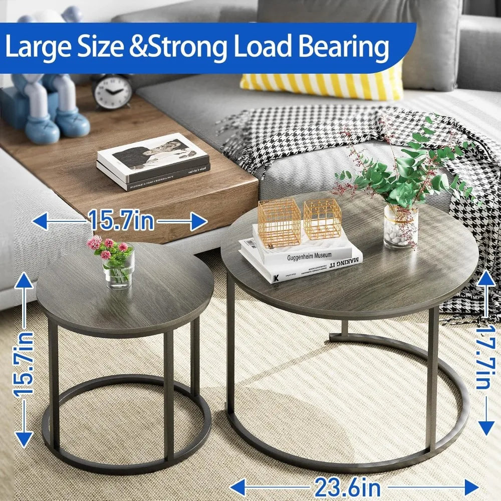 Nesting Coffee Table, 23.6" Round Coffee Table Set of 2, Wooden Nesting Table Set with Metal Frame, Side Tables for Living Room