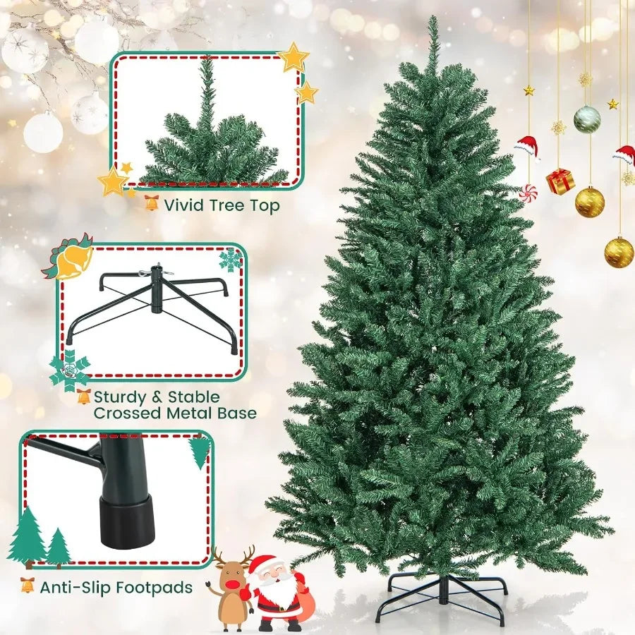6ft Artificial Douglas Christmas Tree Unlit Hinged Xmas Full Tree with 1355 Branch Tips Foldable Metal Base Easy Assembly Indoo