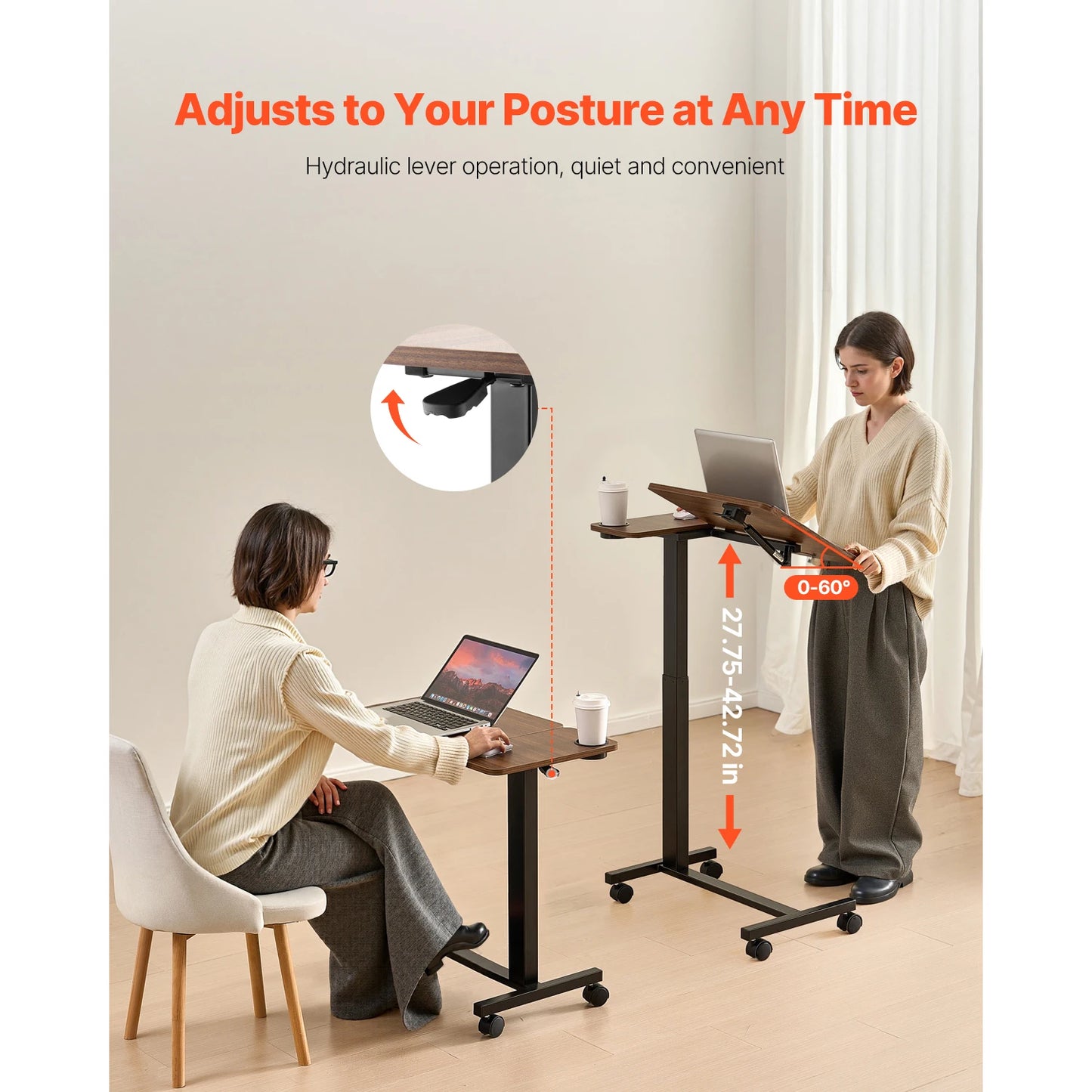 VEVOR Overbed Table Mobile Bed Side Table w/ Swivel Casters Height & Angle Adjustable Rolling Laptop Desk for Home Office Study