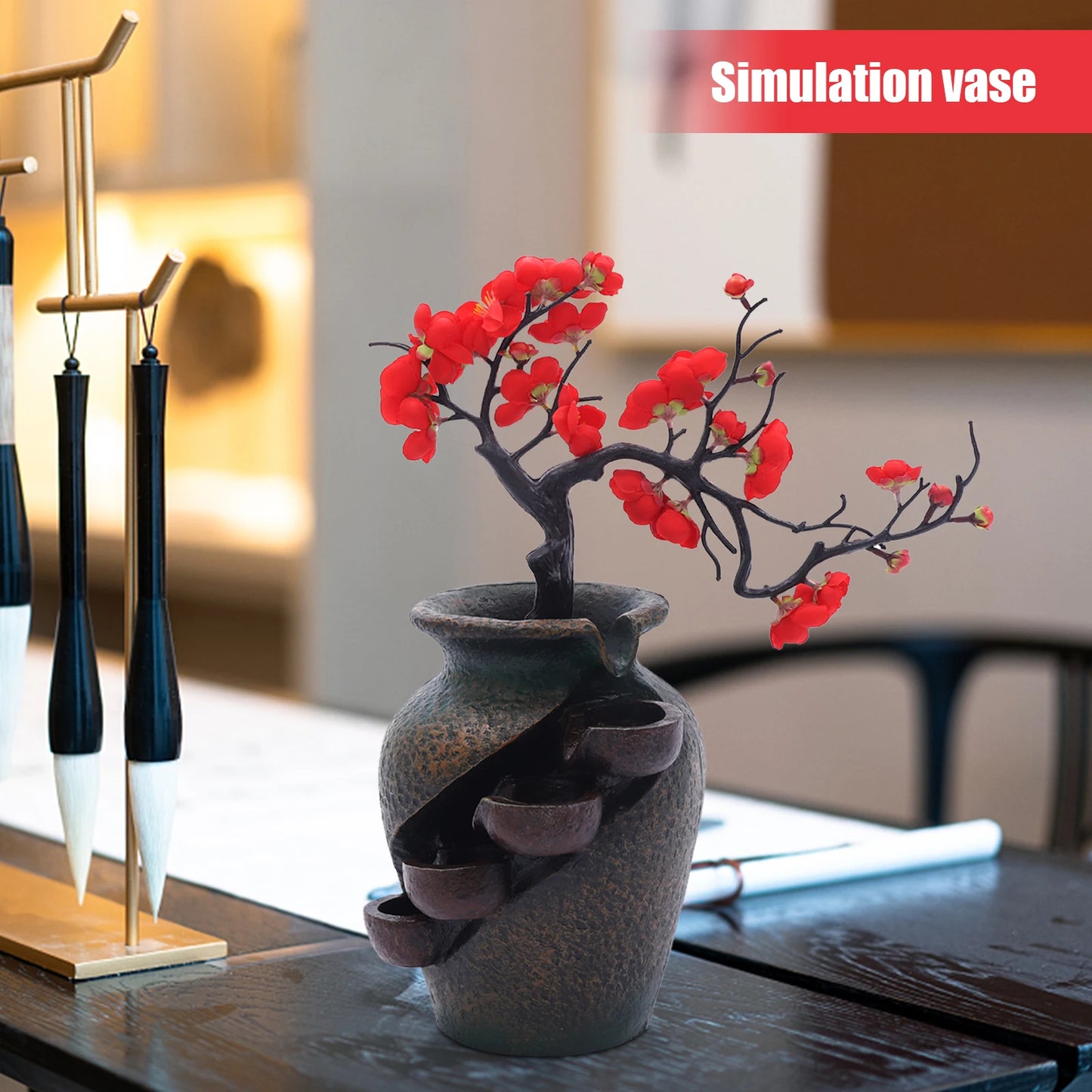 Tabletop Fountain, Waterfall Vase Fountain, Tabletop Water Fountains with Simulation Tree Flowers for Living Rooms, Offices