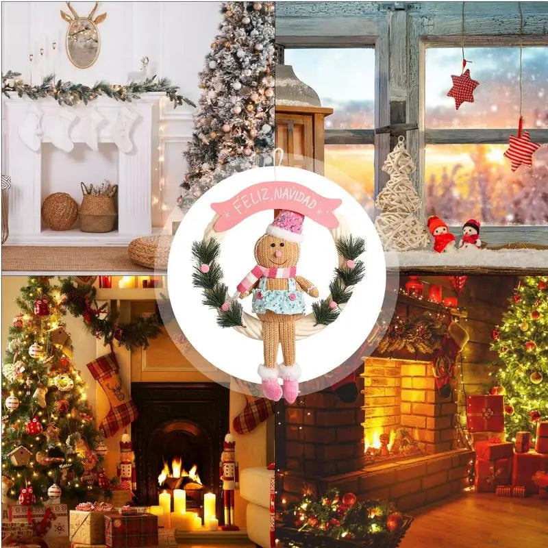 Christmas Gingerbread Man Doll Wreath Lighted Christmas Hangable Ornaments Gingerbread Welcome Garlands for Decorative Door