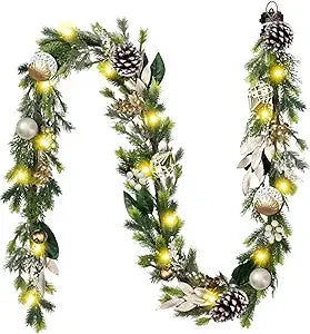 9 Feet Long Pre-lit Artificial Greenery Christmas Garland with Pinecone and Gold Accents, Festive Holiday Decorations